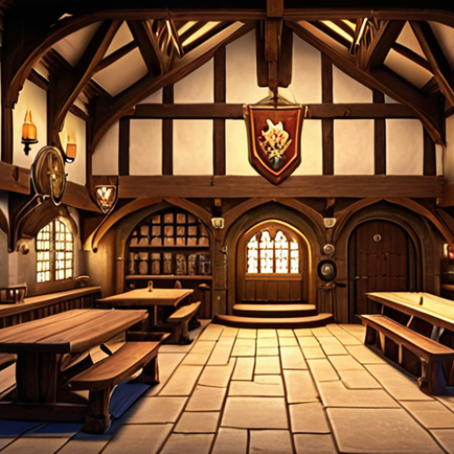 Home 7 **
"A cozy, welcoming guild hall interior. Many players are laughing, talking, and planning adventures. Warm lighting, friendly atmosphere, banners displaying the guild's emblem. Emphasis on community and friendship."
**