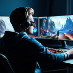 A focused professional gamer (gender-neutral) sitting at a high-tech gaming desk, hands on keyboard and mouse, deeply concentrating on multiple monitors displaying a blurred fantasy MMORPG interface. The room is dimly lit with subtle RGB light accents, conveying an atmosphere of intense strategic thinking and quick reflexes. The gamer is fully clothed in comfortable, modest gaming attire, with perfect anatomy, natural pose, correct proportions, well-formed hands, and proper finger count. Professional photography, high detail, cinematic lighting. safe for work, appropriate content, family-friendly.