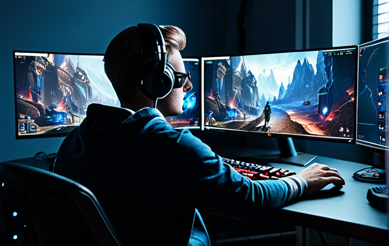 A focused professional gamer (gender-neutral) sitting at a high-tech gaming desk, hands on keyboard and mouse, deeply concentrating on multiple monitors displaying a blurred fantasy MMORPG interface. The room is dimly lit with subtle RGB light accents, conveying an atmosphere of intense strategic thinking and quick reflexes. The gamer is fully clothed in comfortable, modest gaming attire, with perfect anatomy, natural pose, correct proportions, well-formed hands, and proper finger count. Professional photography, high detail, cinematic lighting. safe for work, appropriate content, family-friendly.