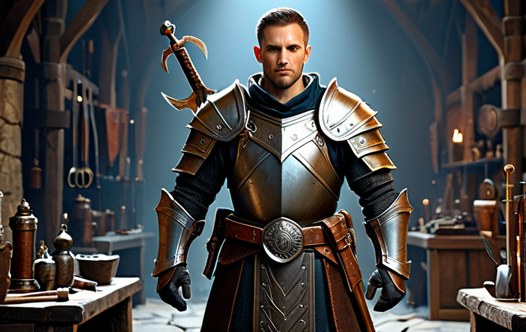The Prepared Warrior**
"A fully clothed, professional-looking warrior in detailed fantasy armor, standing in a blacksmith's workshop surrounded by weapons and gear. Focus on the intricate design of the armor, highlighting its defensive capabilities and emphasizing high strength and constitution. The warrior has well-formed hands gripping a sturdy, well-crafted sword. Include visible details such as a worn leather belt, a potion vial, and a meticulously maintained shield. Soft, diffused lighting. Perfect anatomy, correct proportions, natural pose, safe for work, appropriate content, modest clothing, family-friendly."
**