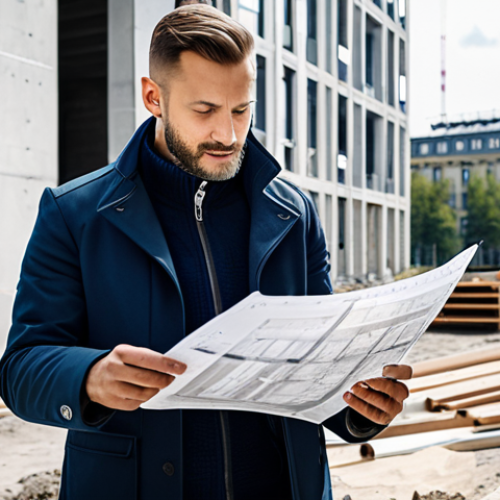 Home 16 리니지 영웅 등급 캐릭터 - A professional architect, fully clothed in a stylish yet modest outfit, reviewing blueprints on a co...