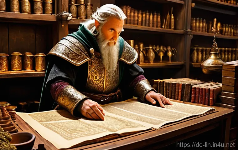 리니지 크래프팅 경제학 - **Prompt 1: The Market Strategist in a Bustling Fantasy Auction House** "A wise, observant human...