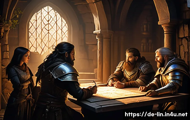 리니지 소규모 혈맹 운영법 - **Prompt:** "A small, diverse group of adventurers from a fantasy MMORPG guild, consisting of a reso...