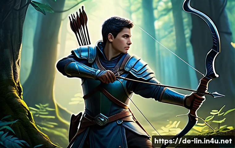 리니지 버려진 유물 활용법 - A highly detailed fantasy scene depicting a skilled archer character in light leather armor equipped...