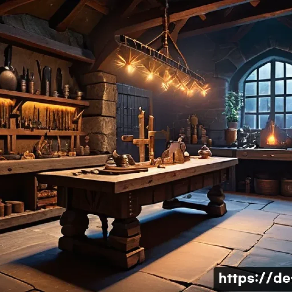 리니지 전설 장비 조합법 - A detailed fantasy blacksmith’s workshop interior focused on crafting legendary equipment, showcasin...