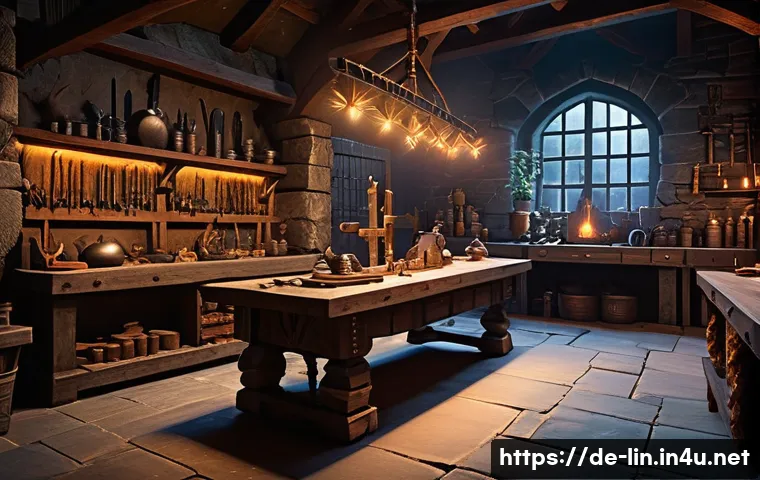 리니지 전설 장비 조합법 - A detailed fantasy blacksmith&rsquo;s workshop interior focused on crafting legendary equipment, showcasin...