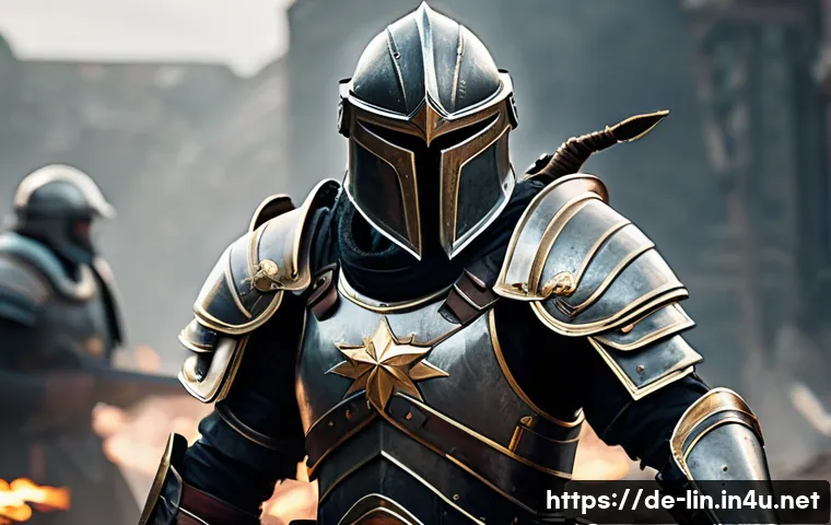리니지 클래스별 장점과 단점 - A sturdy melee warrior clad in intricately detailed, battle-worn armor stands confidently on a rugge...