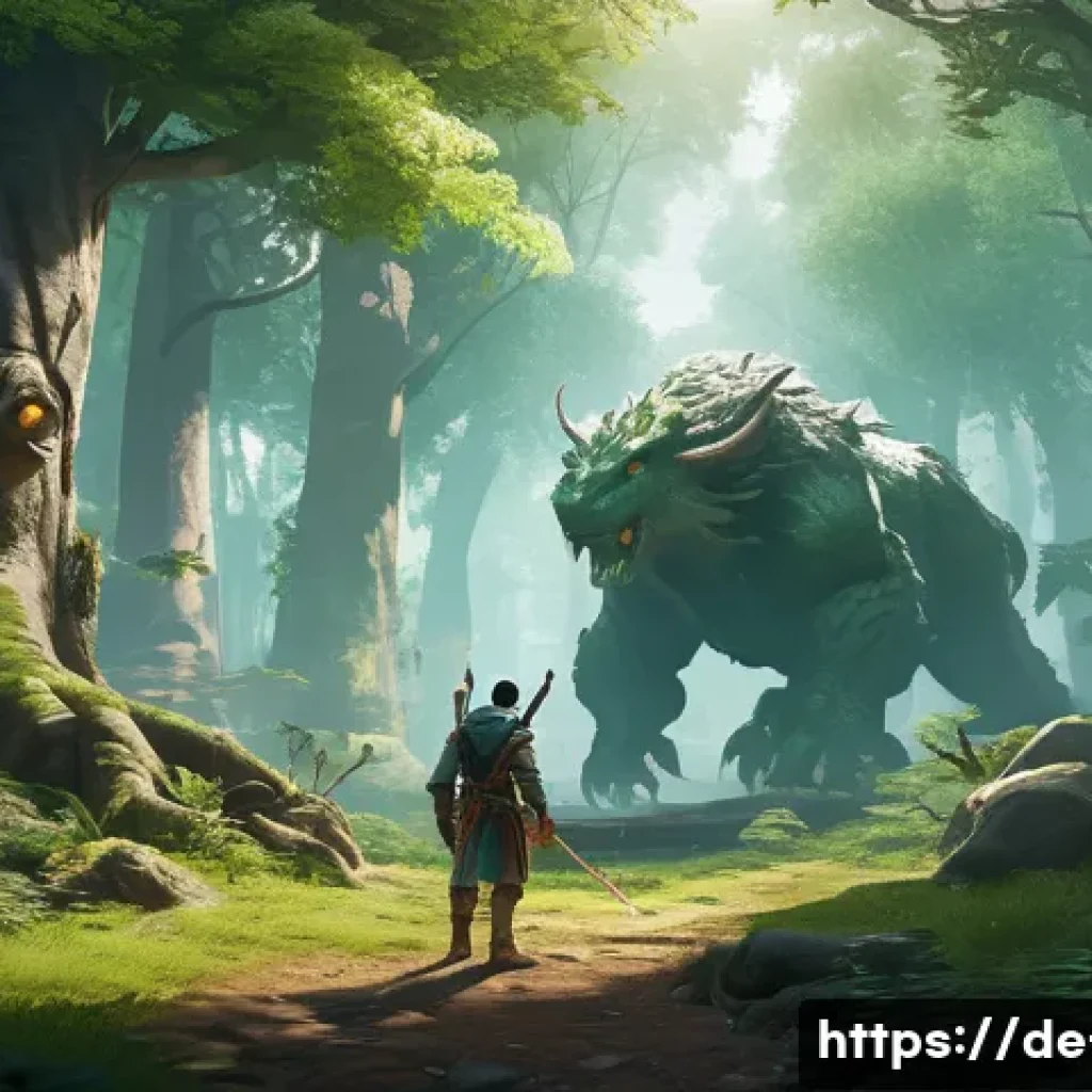 리니지 서버별 인기 사냥터 - A serene fantasy forest clearing designed as an optimal beginner hunting ground in an MMORPG, featur...