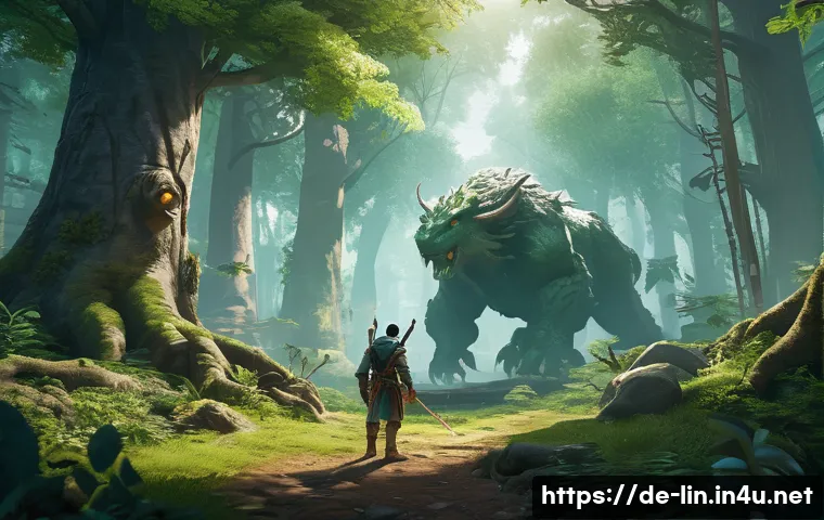 리니지 서버별 인기 사냥터 - A serene fantasy forest clearing designed as an optimal beginner hunting ground in an MMORPG, featur...