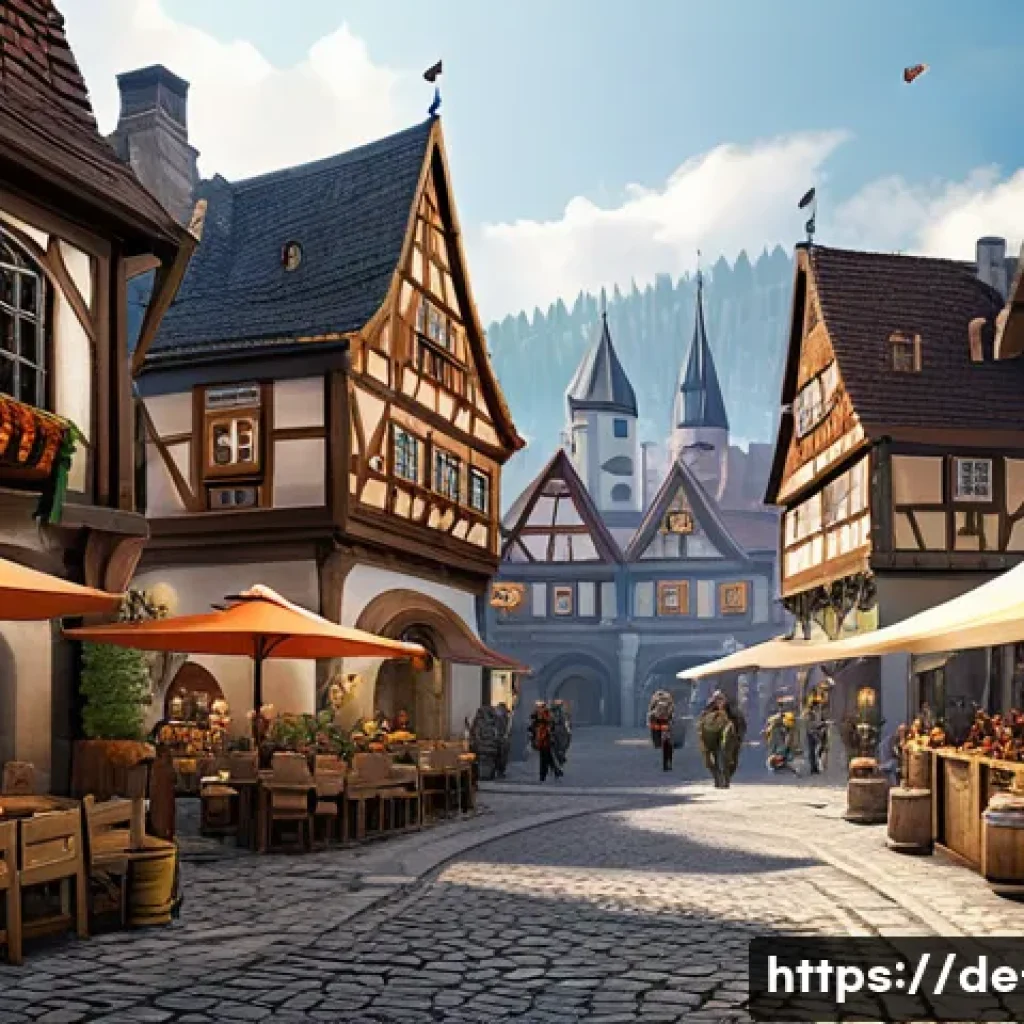리니지 유료 컨텐츠 분석 - A detailed fantasy MMORPG marketplace scene set in a bustling medieval town square in Germany, showc...