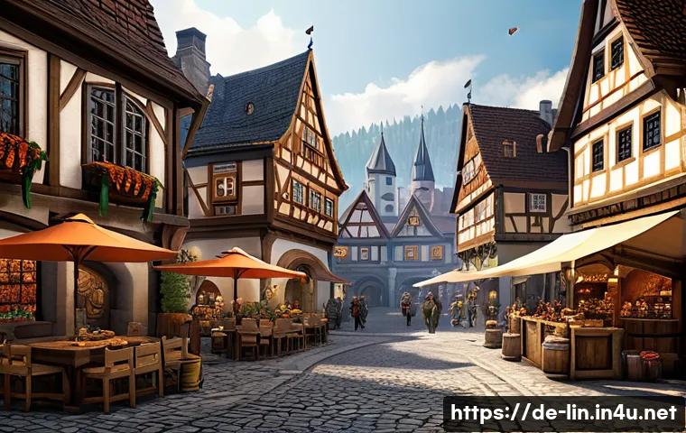 리니지 유료 컨텐츠 분석 - A detailed fantasy MMORPG marketplace scene set in a bustling medieval town square in Germany, showc...