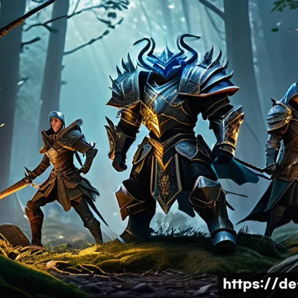 리니지 패션 아이템 모으는 법 - A dynamic fantasy battle scene featuring a diverse group of players in intricately designed armor an...