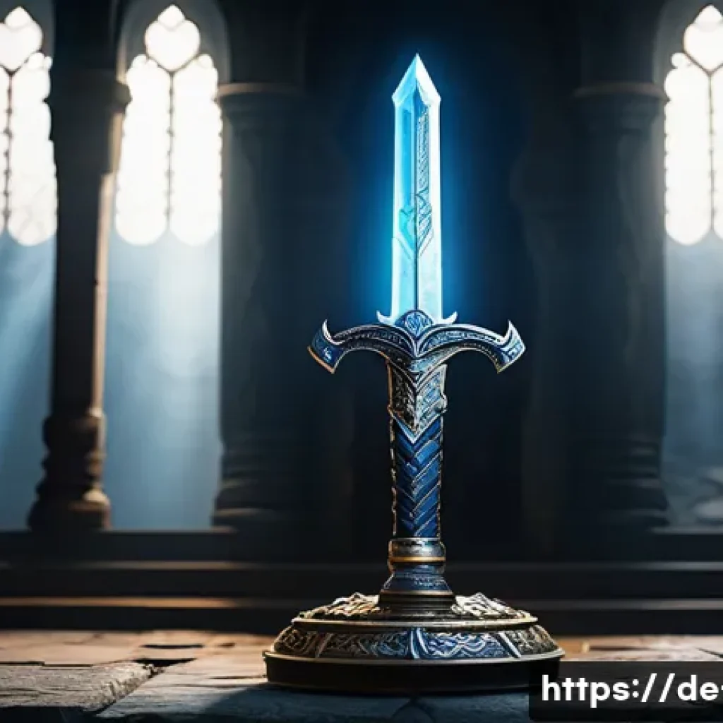 리니지 희귀 아이템 사례 - A legendary sword embedded with glowing blue runes along its blade, emitting a faint magical aura; t...