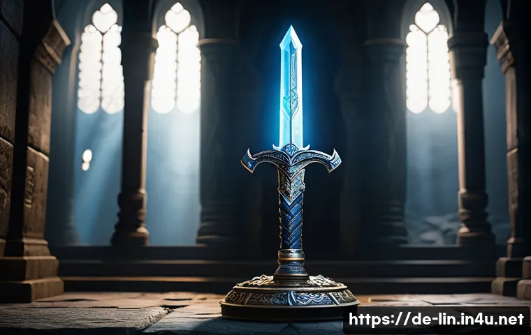 리니지 희귀 아이템 사례 - A legendary sword embedded with glowing blue runes along its blade, emitting a faint magical aura; t...