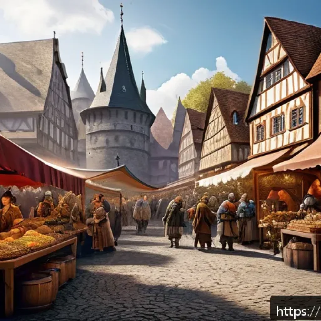 리니지 거래 시스템 이해 - A bustling fantasy marketplace scene in a medieval town square, filled with diverse players trading ...