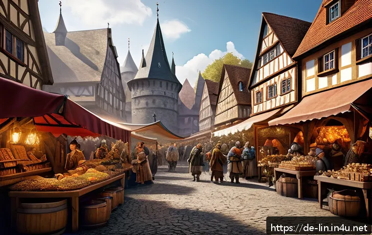 리니지 거래 시스템 이해 - A bustling fantasy marketplace scene in a medieval town square, filled with diverse players trading ...