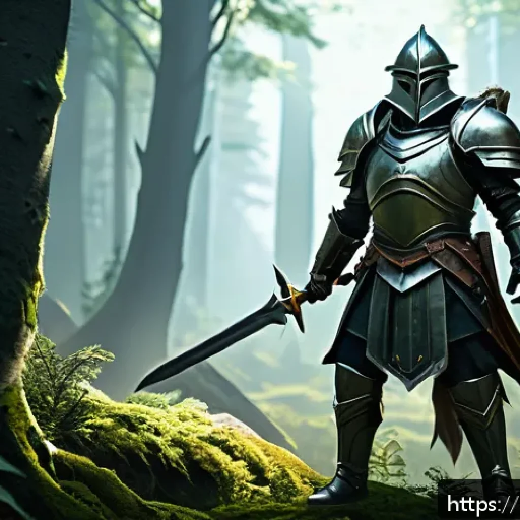 리니지 신규 플레이어 경험담 - A detailed fantasy RPG scene showing a beginner warrior character in sturdy, practical armor with a ...