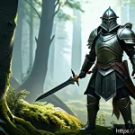 리니지 신규 플레이어 경험담 - A detailed fantasy RPG scene showing a beginner warrior character in sturdy, practical armor with a ...