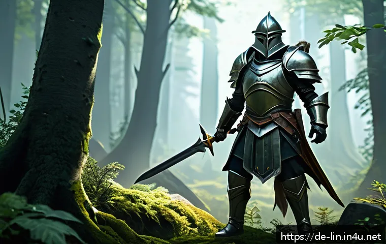 리니지 신규 플레이어 경험담 - A detailed fantasy RPG scene showing a beginner warrior character in sturdy, practical armor with a ...