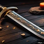 리니지 드랍 아이템 가치 평가 - A highly detailed fantasy weapon displayed on a dark wooden table inside a medieval armory, featurin...