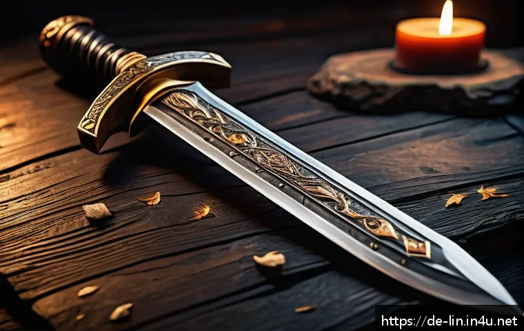 리니지 드랍 아이템 가치 평가 - A highly detailed fantasy weapon displayed on a dark wooden table inside a medieval armory, featurin...