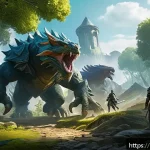 리니지 신규 직업 레벨링 팁 - A dynamic scene showing a group of three beginner fantasy RPG characters efficiently navigating a lu...