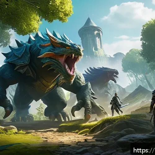 리니지 신규 직업 레벨링 팁 - A dynamic scene showing a group of three beginner fantasy RPG characters efficiently navigating a lu...