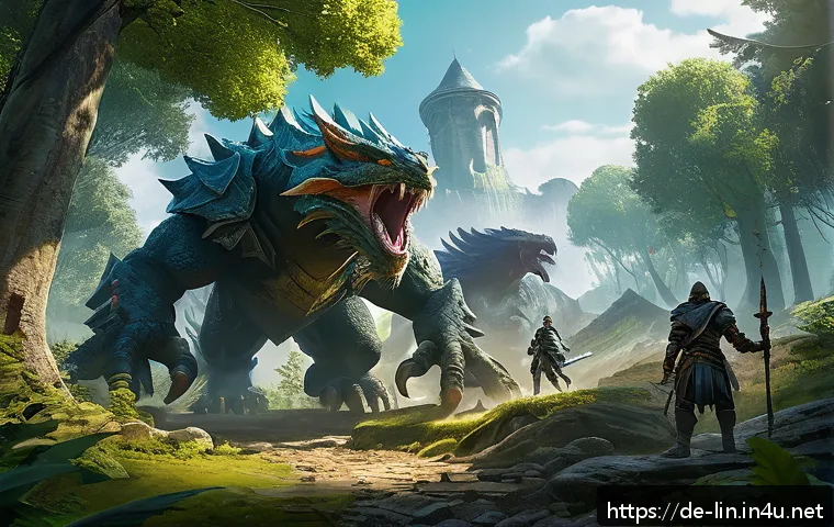 리니지 신규 직업 레벨링 팁 - A dynamic scene showing a group of three beginner fantasy RPG characters efficiently navigating a lu...