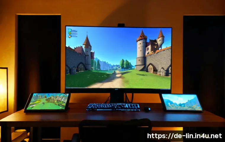 리니지 클래식과 리마스터 비교 - Photorealistic German gaming room, split-screen desktop monitor showing a fantasy MMORPG comparison ...