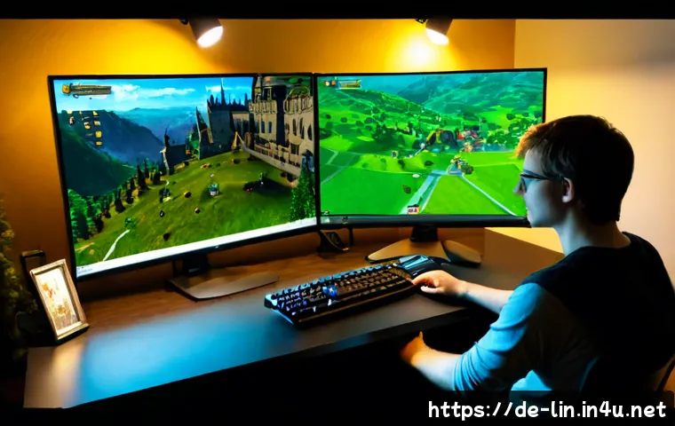 리니지 MMORPG 특징 분석 - Photorealistic German gaming enthusiast at a clean home desk in Berlin, studying a medieval fantasy ...