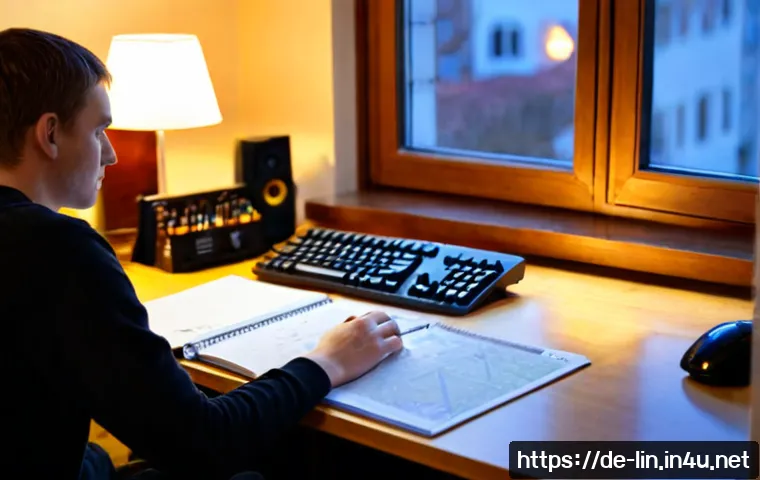 리니지 장기적 플레이 목표 - Photorealistic evening scene of a dedicated German MMORPG player at a tidy home desk, thoughtfully p...