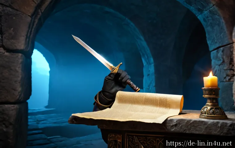 리니지 희귀 아이템 위치 - Photorealistic fantasy RPG treasure hunt scene in an ancient underground stone chamber, a German adu...