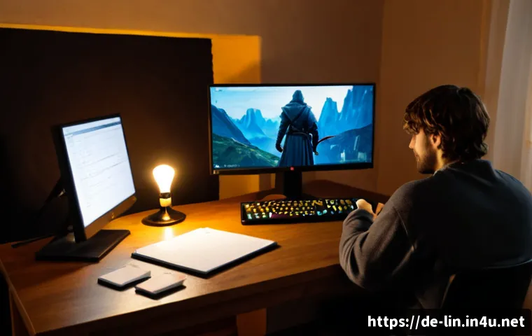 리니지 희귀템 장단점 - Photorealistic fantasy MMORPG gaming desk in a cozy German apartment, adult player viewed from behin...