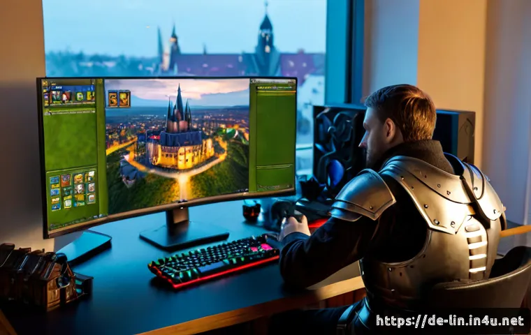 리니지 서버 이전 혜택 - Photorealistic German adult gamer at a clean home desk in Berlin, comparing two glowing fantasy game...