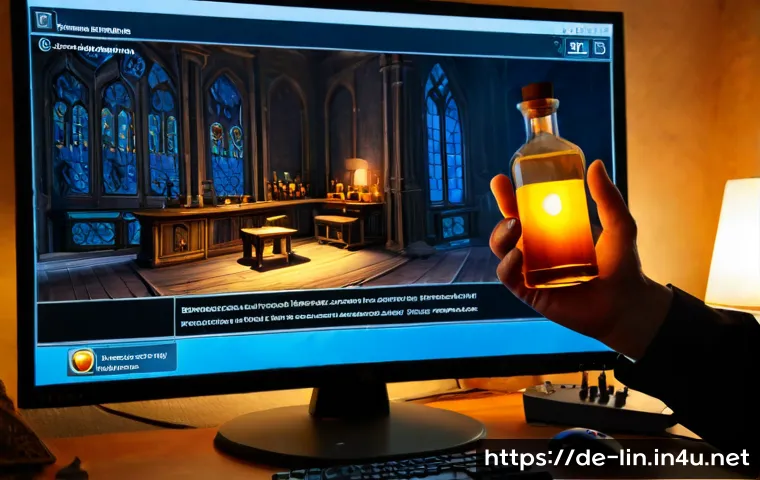 리니지 엘릭서 사용법 - Photorealistic fantasy gaming tutorial scene for a German audience, a middle-aged gamer at a tidy ho...