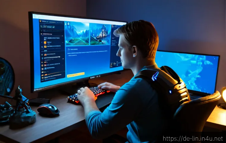 Home 17 리니지 고급 장비 사용법 - Photorealistic over-the-shoulder view of a German adult gamer at a clean home desk, studying a fanta...
