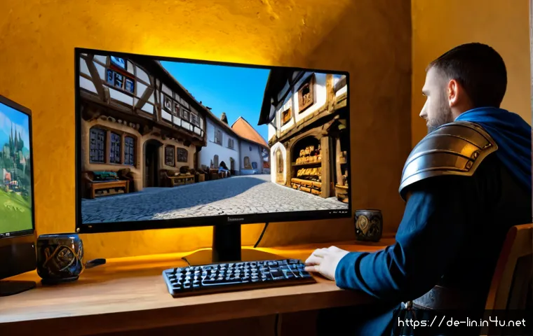 Home 30 리니지 NPC 기능 정리 - Photorealistic over-the-shoulder view of an adult German gamer at a clean home desk, studying a fant...