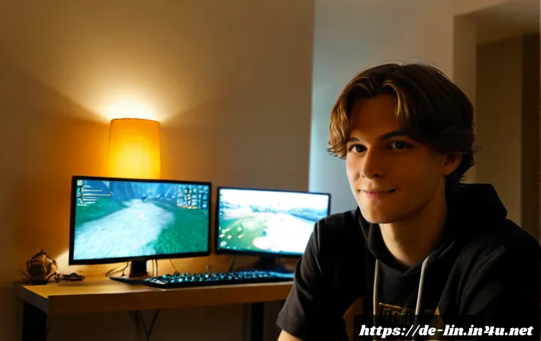 Home 17 리니지 초보자 혈맹 추천 - Photorealistic German young adult gamer at a clean home desk in Berlin, warmly lit by a widescreen m...