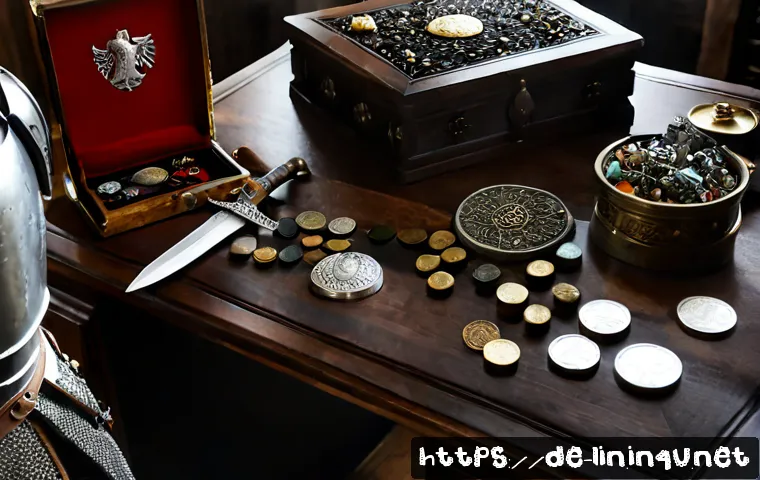 Home 17 리니지 희귀 장비 가치 평가 - Photorealistic tabletop scene of a fantasy role-playing game collector carefully evaluating rare med...
