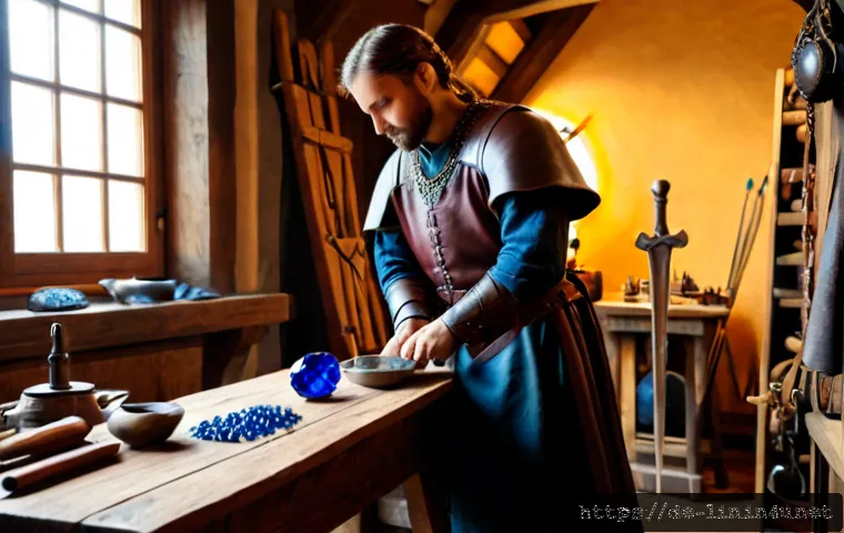 리니지 희귀 코스튬 제작법 - Photorealistic fantasy game-inspired crafting scene in a traditional German medieval workshop, an ad...